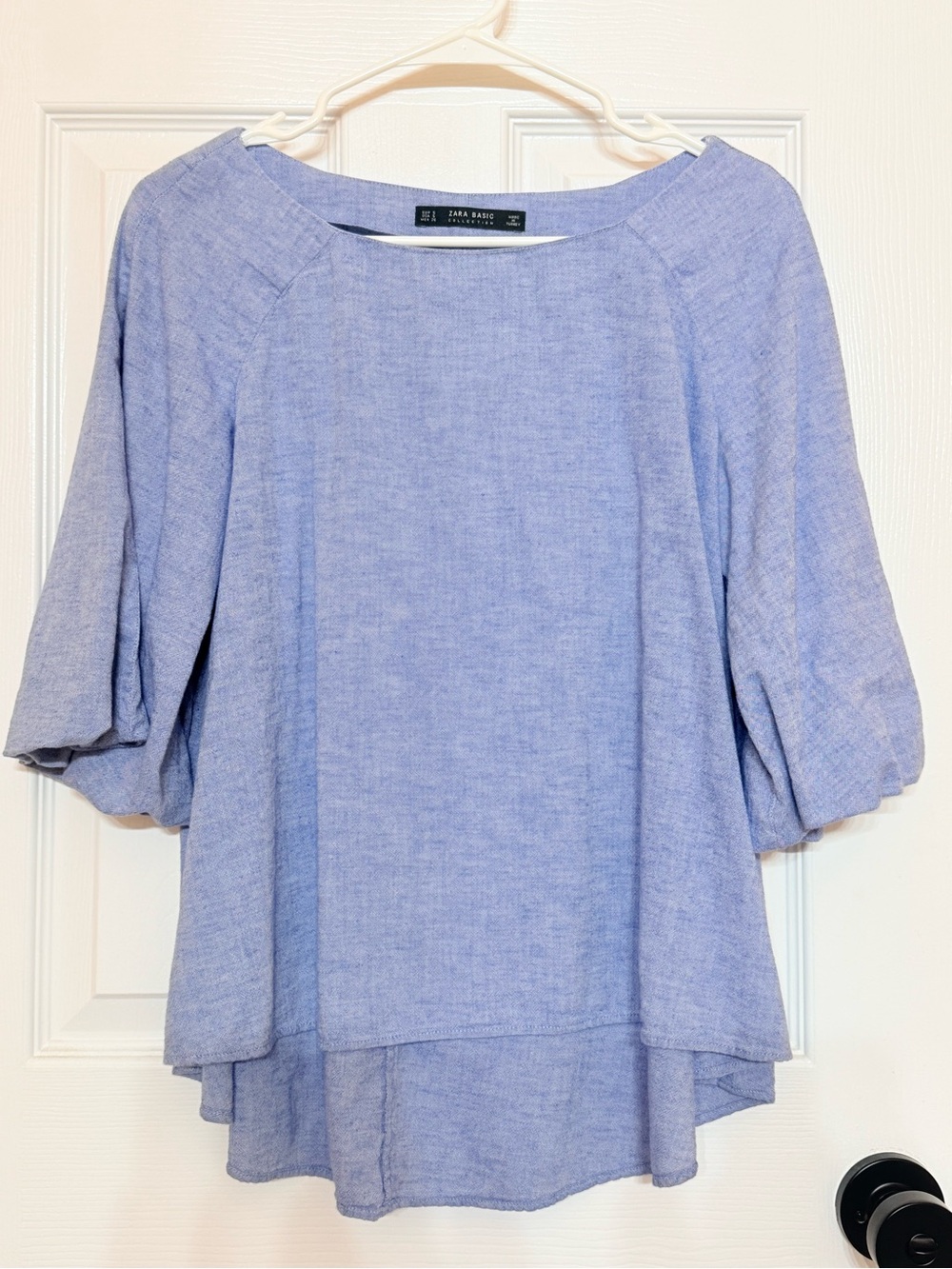 Zara Lilac Boatneck Linen-Blend Puff Sleeve Top